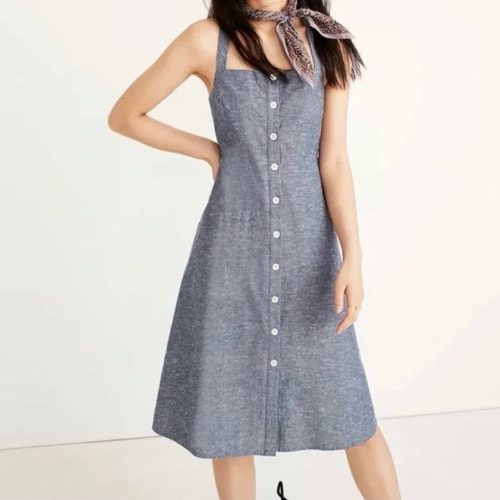 Madewell Chambray Button Front Cross Back Midi Dr… - image 1
